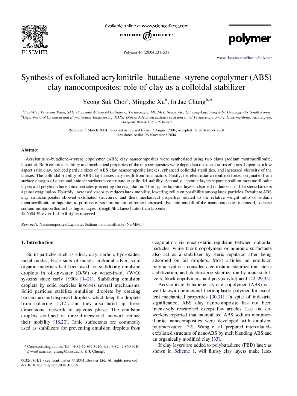 Synthesis of exfoliated acrylonitrile-butadiene-styrene copolymer (ABS) clay nanocomposites: role of clay as a colloidal stabilizer