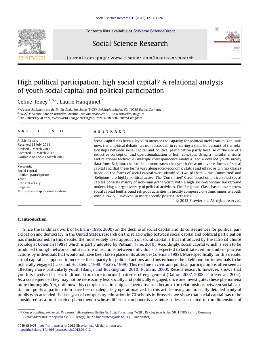 High political participation, high social capital? A relational analysis of youth social capital and political participation