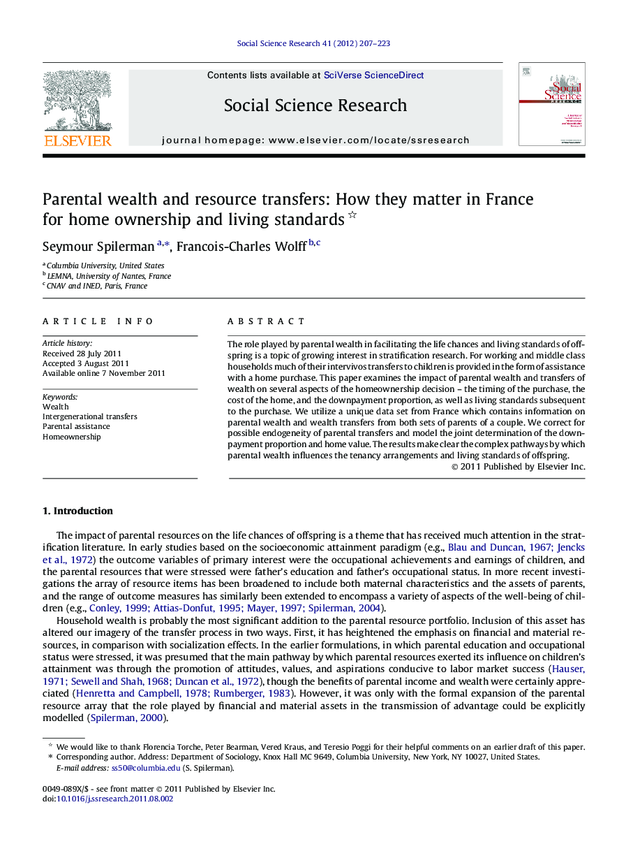 Parental wealth and resource transfers: How they matter in France for home ownership and living standards 
