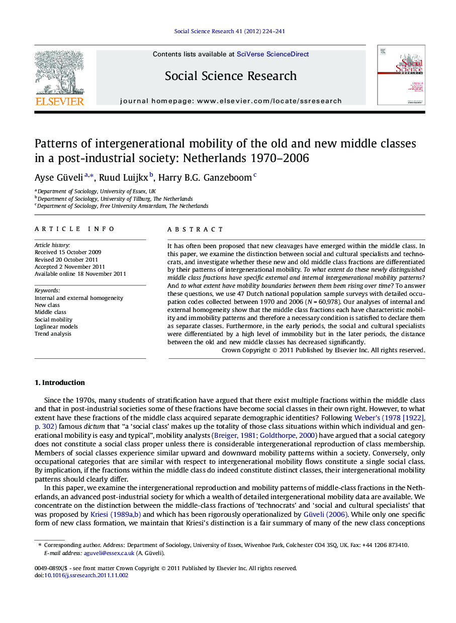 Patterns of intergenerational mobility of the old and new middle classes in a post-industrial society: Netherlands 1970–2006