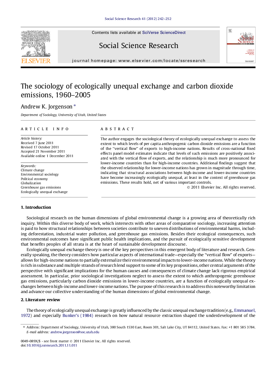 The sociology of ecologically unequal exchange and carbon dioxide emissions, 1960–2005