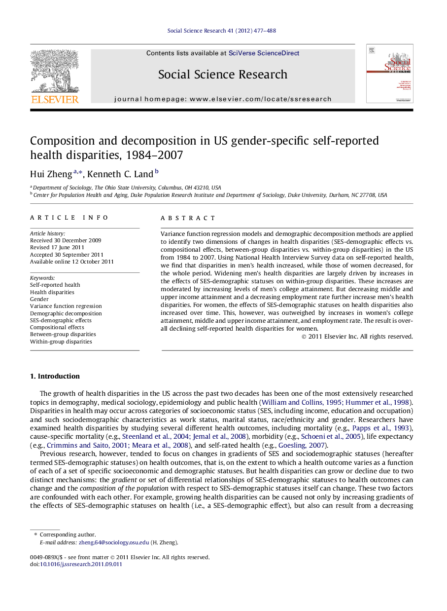 Composition and decomposition in US gender-specific self-reported health disparities, 1984–2007