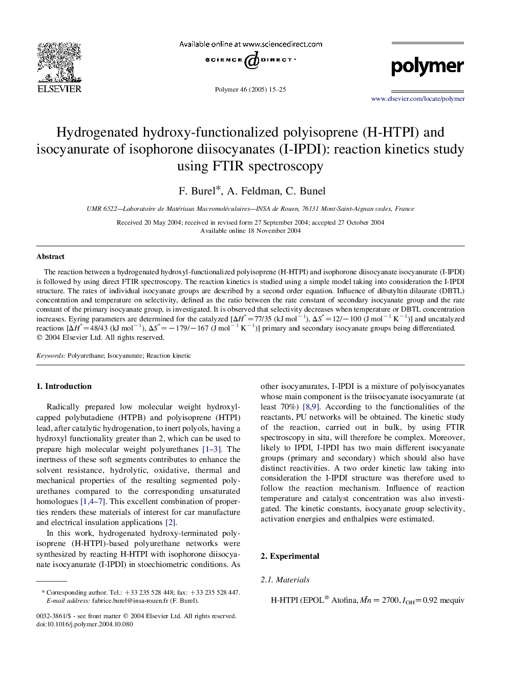 Hydrogenated hydroxy-functionalized polyisoprene (H-HTPI) and isocyanurate of isophorone diisocyanates (I-IPDI): reaction kinetics study using FTIR spectroscopy