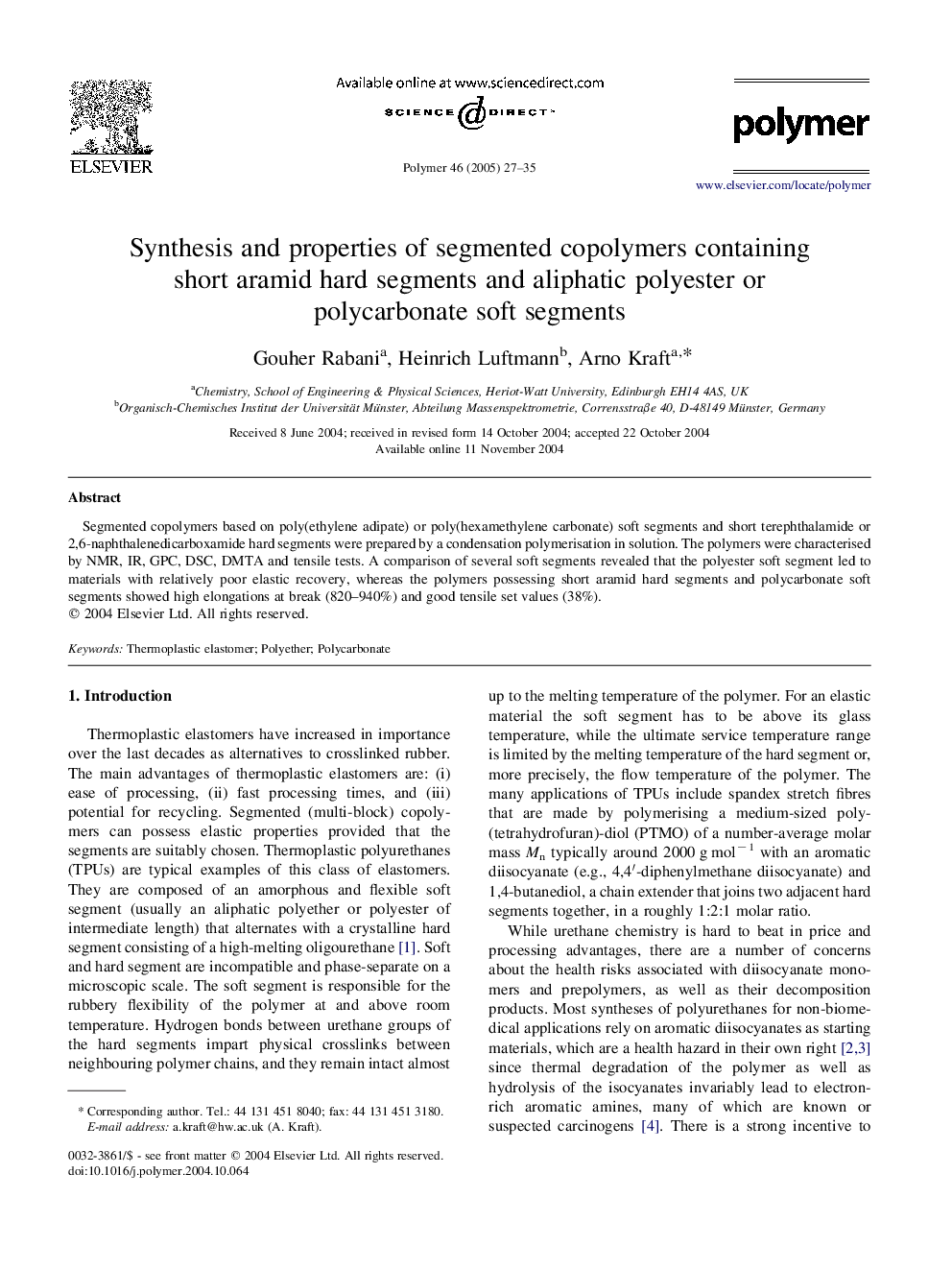 Synthesis and properties of segmented copolymers containing short aramid hard segments and aliphatic polyester or polycarbonate soft segments