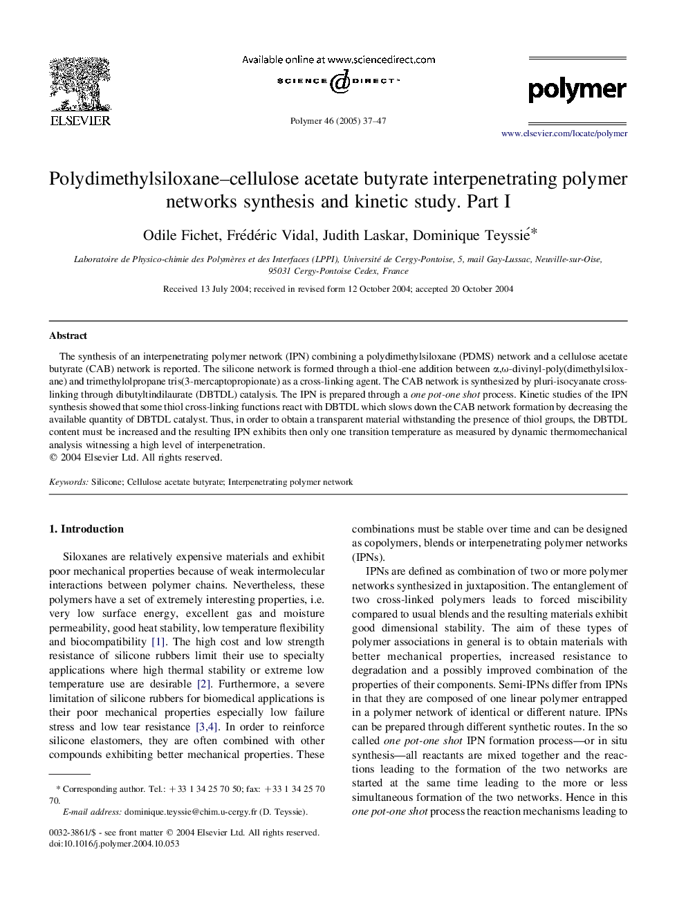 Polydimethylsiloxane-cellulose acetate butyrate interpenetrating polymer networks synthesis and kinetic study. Part I