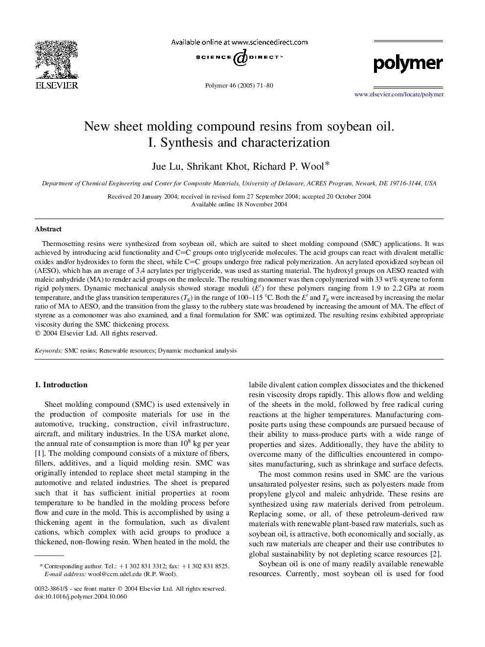 New sheet molding compound resins from soybean oil. I. Synthesis and characterization