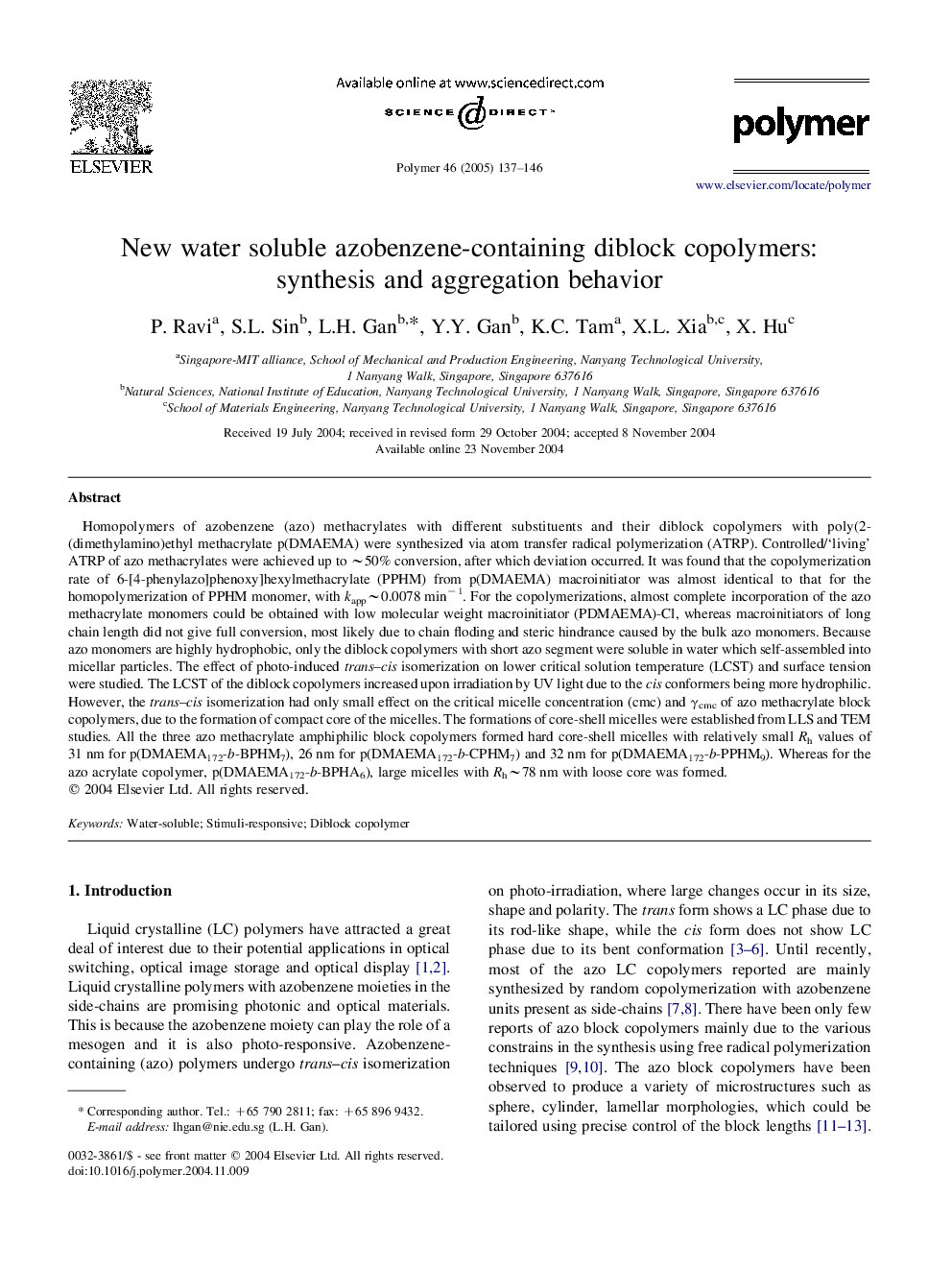 New water soluble azobenzene-containing diblock copolymers: synthesis and aggregation behavior