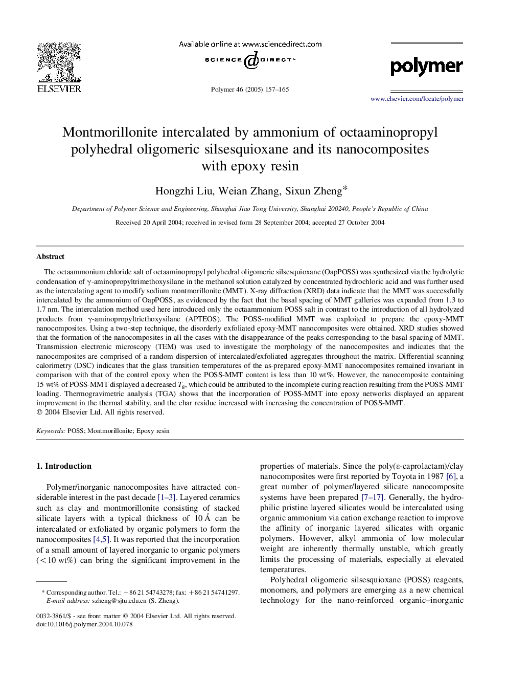 Montmorillonite intercalated by ammonium of octaaminopropyl polyhedral oligomeric silsesquioxane and its nanocomposites with epoxy resin