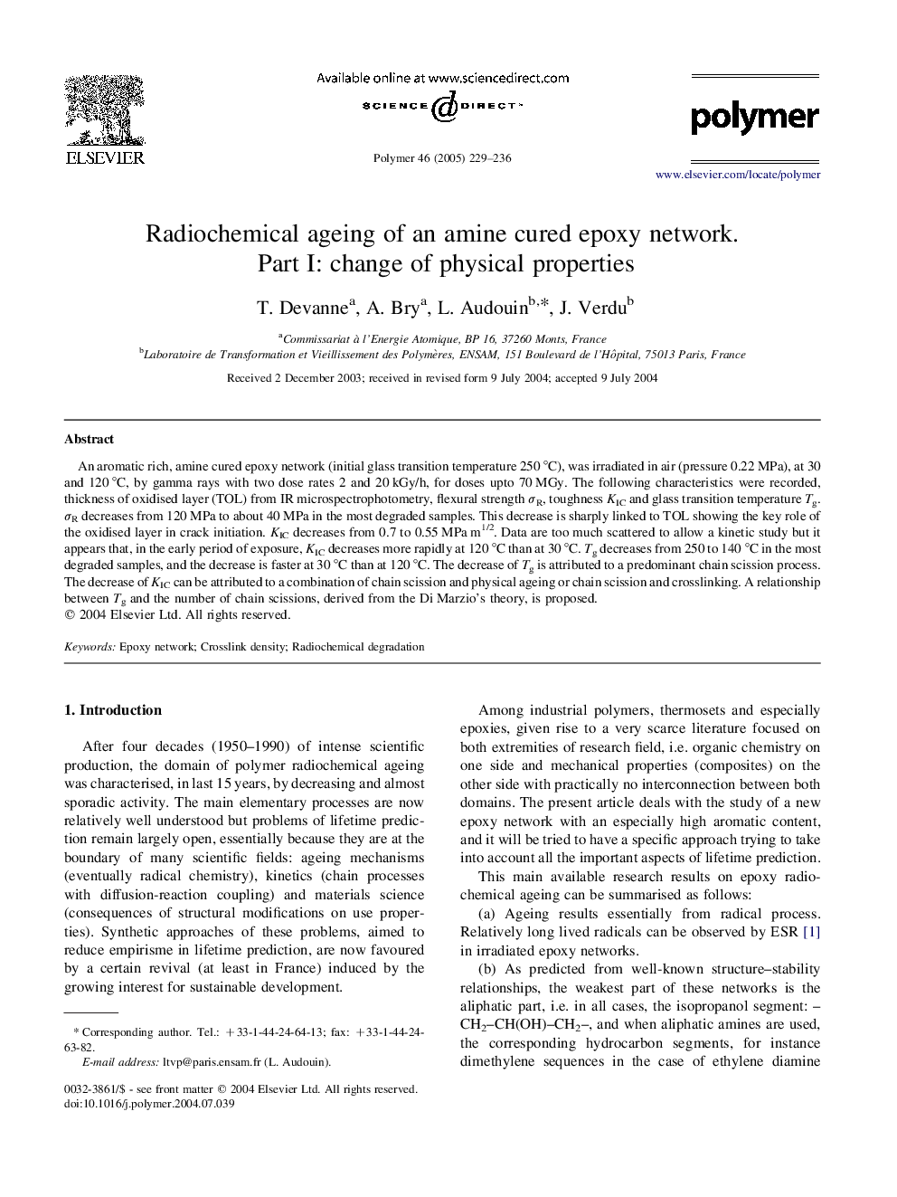 Radiochemical ageing of an amine cured epoxy network. Part I: change of physical properties