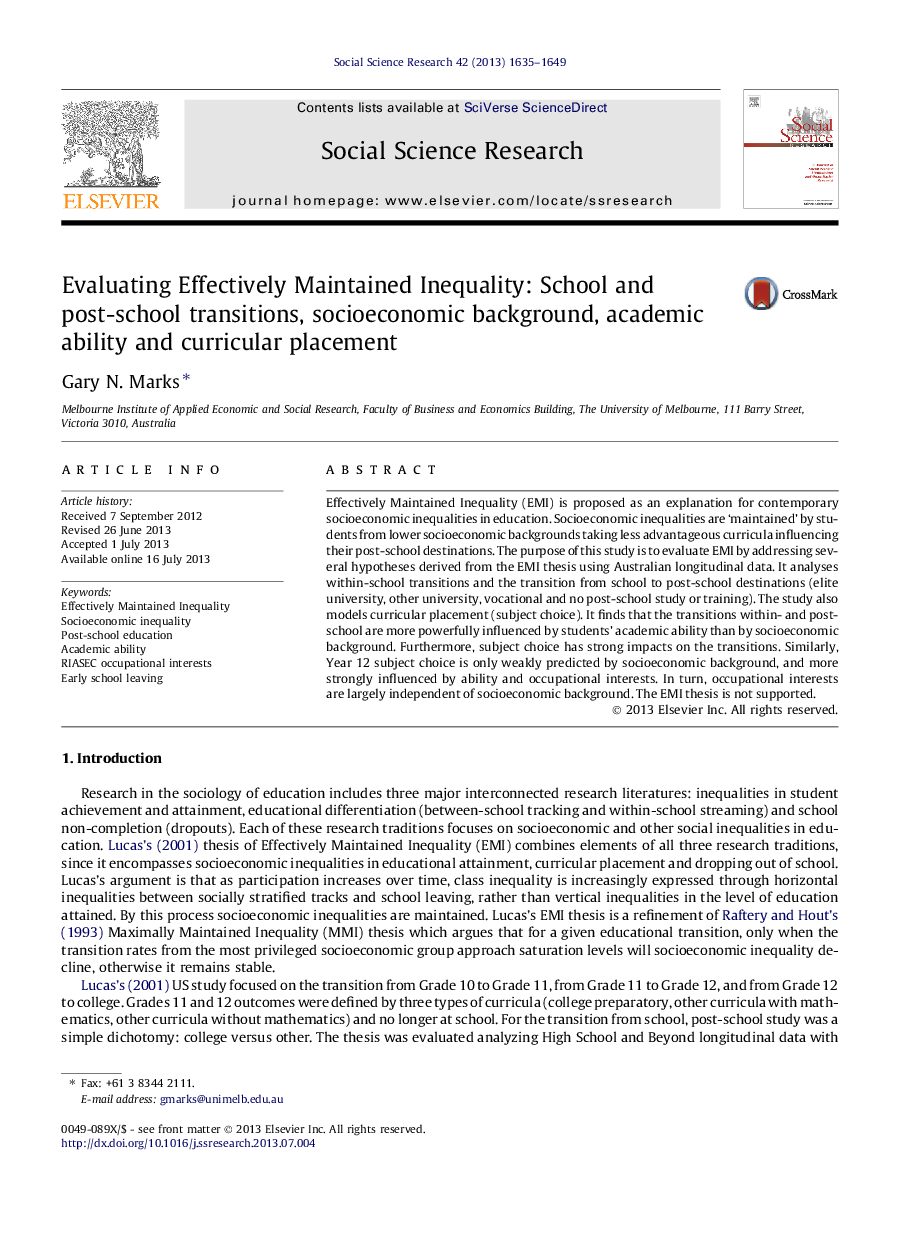 Evaluating Effectively Maintained Inequality: School and post-school transitions, socioeconomic background, academic ability and curricular placement