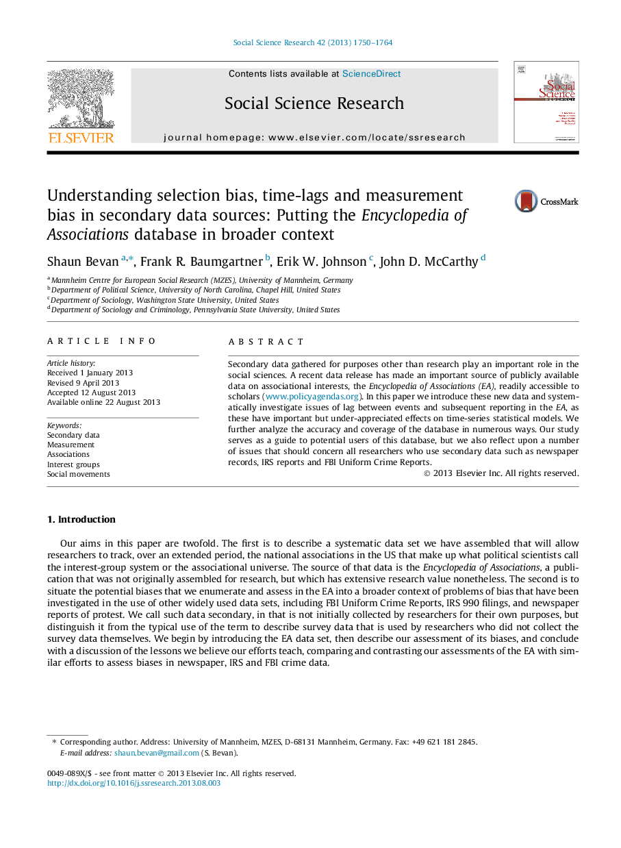 Understanding selection bias, time-lags and measurement bias in secondary data sources: Putting the Encyclopedia of Associations database in broader context