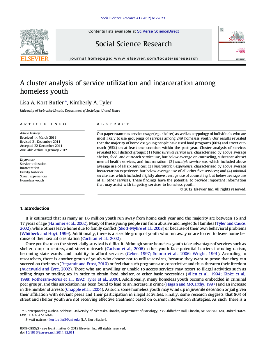 A cluster analysis of service utilization and incarceration among homeless youth