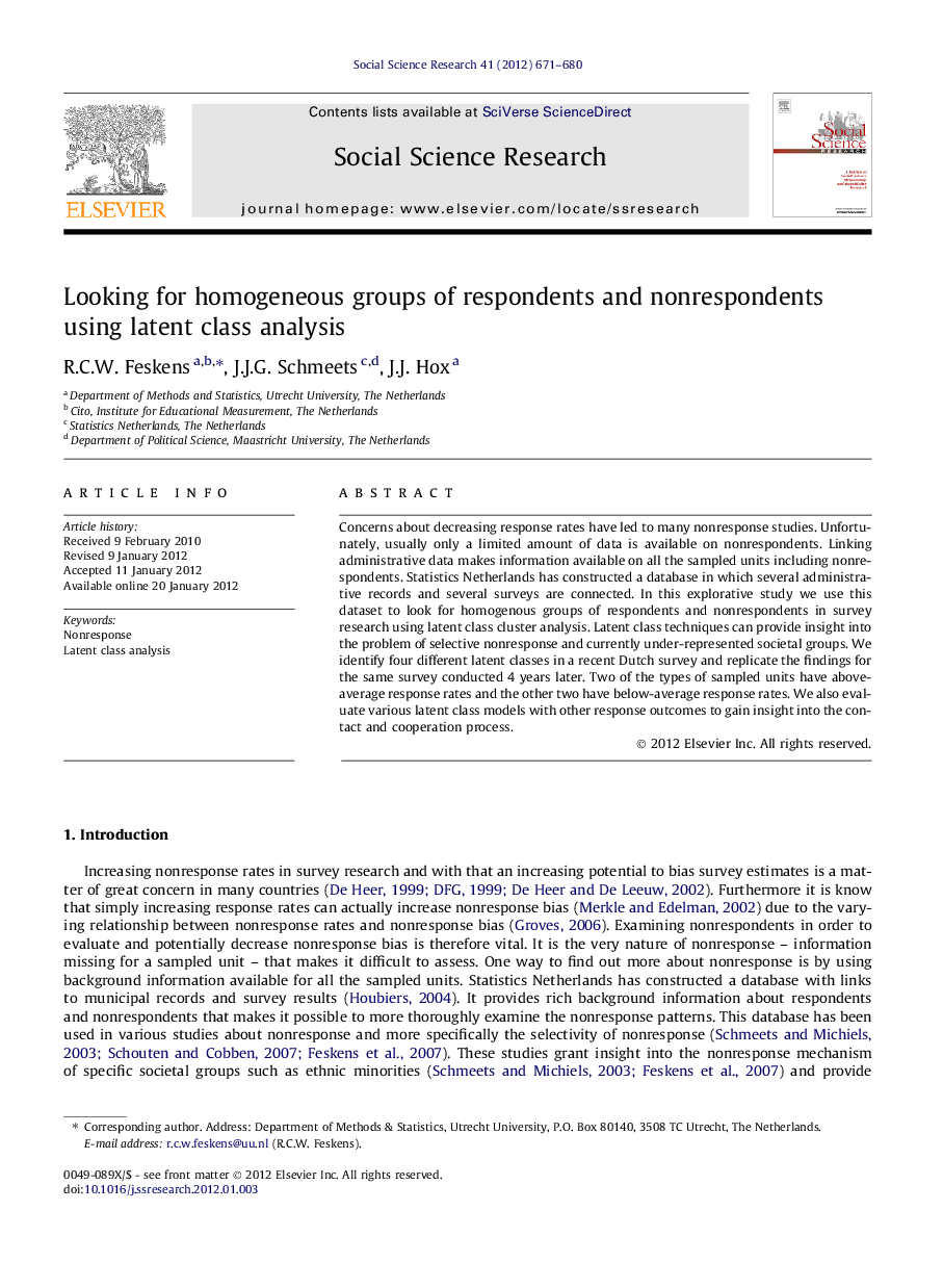 Looking for homogeneous groups of respondents and nonrespondents using latent class analysis