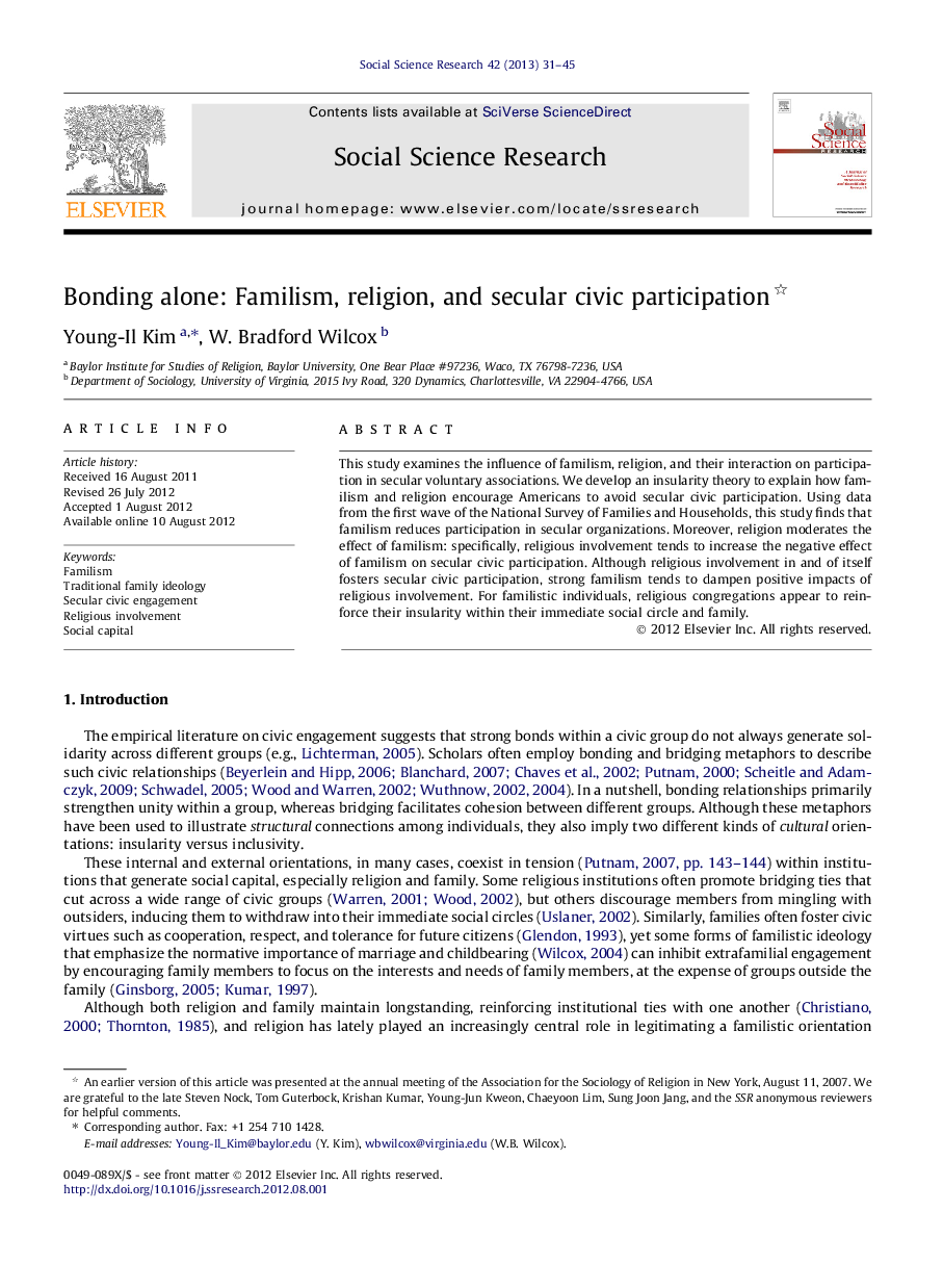 Bonding alone: Familism, religion, and secular civic participation 