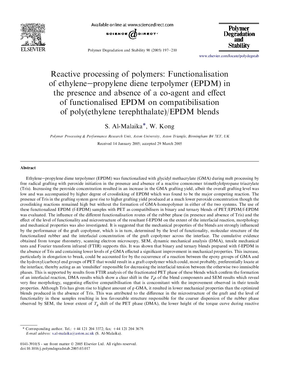 Reactive processing of polymers: Functionalisation of ethylene-propylene diene terpolymer (EPDM) in the presence and absence of a co-agent and effect of functionalised EPDM on compatibilisation of poly(ethylene terephthalate)/EPDM blends