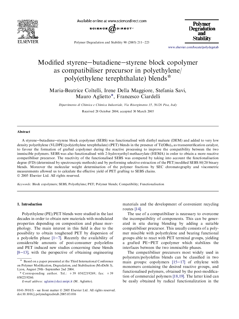 Modified styrene-butadiene-styrene block copolymer as compatibiliser precursor in polyethylene/poly(ethylene terephthalate) blends