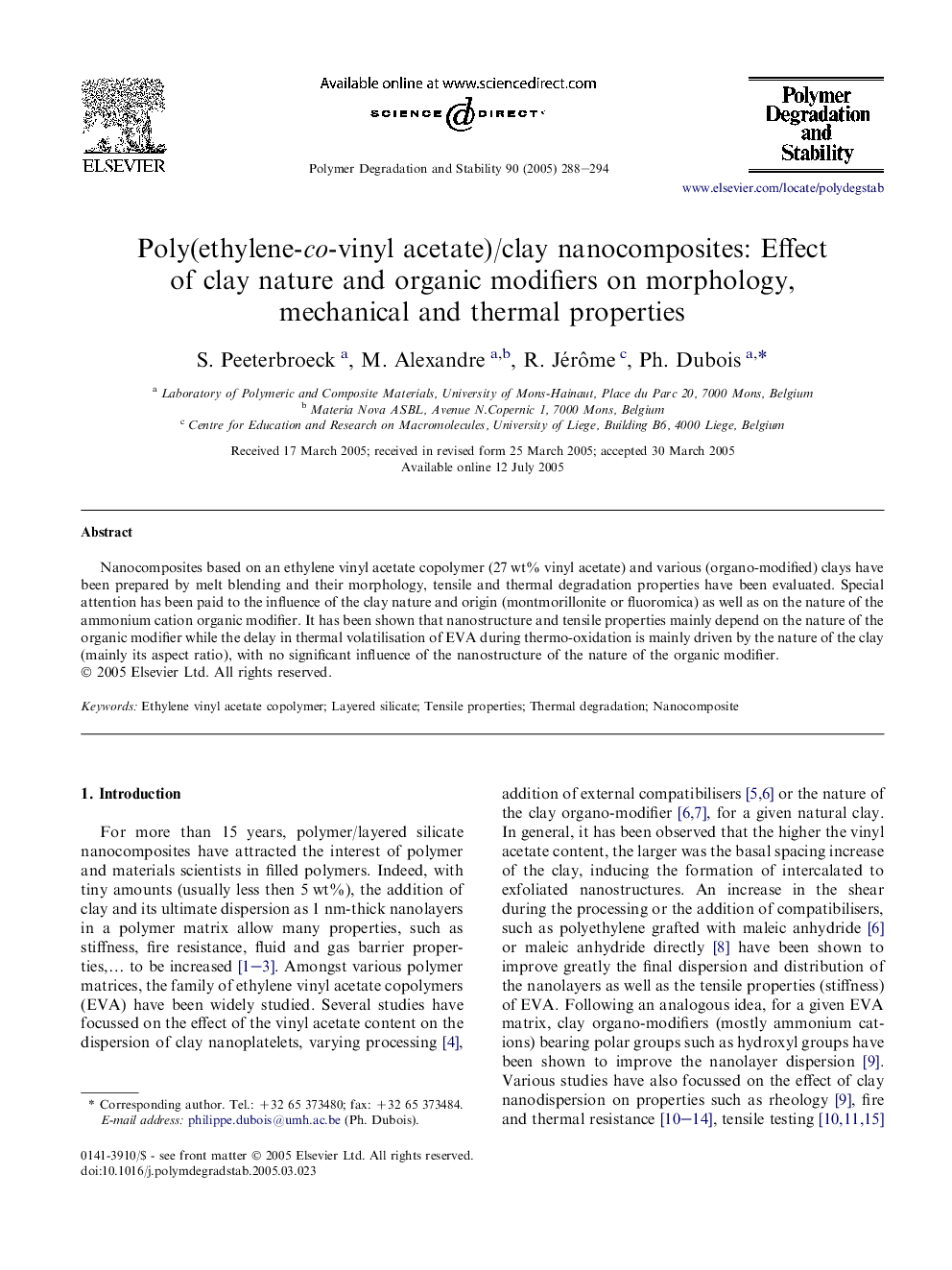 Poly(ethylene-co-vinyl acetate)/clay nanocomposites: Effect of clay nature and organic modifiers on morphology, mechanical and thermal properties