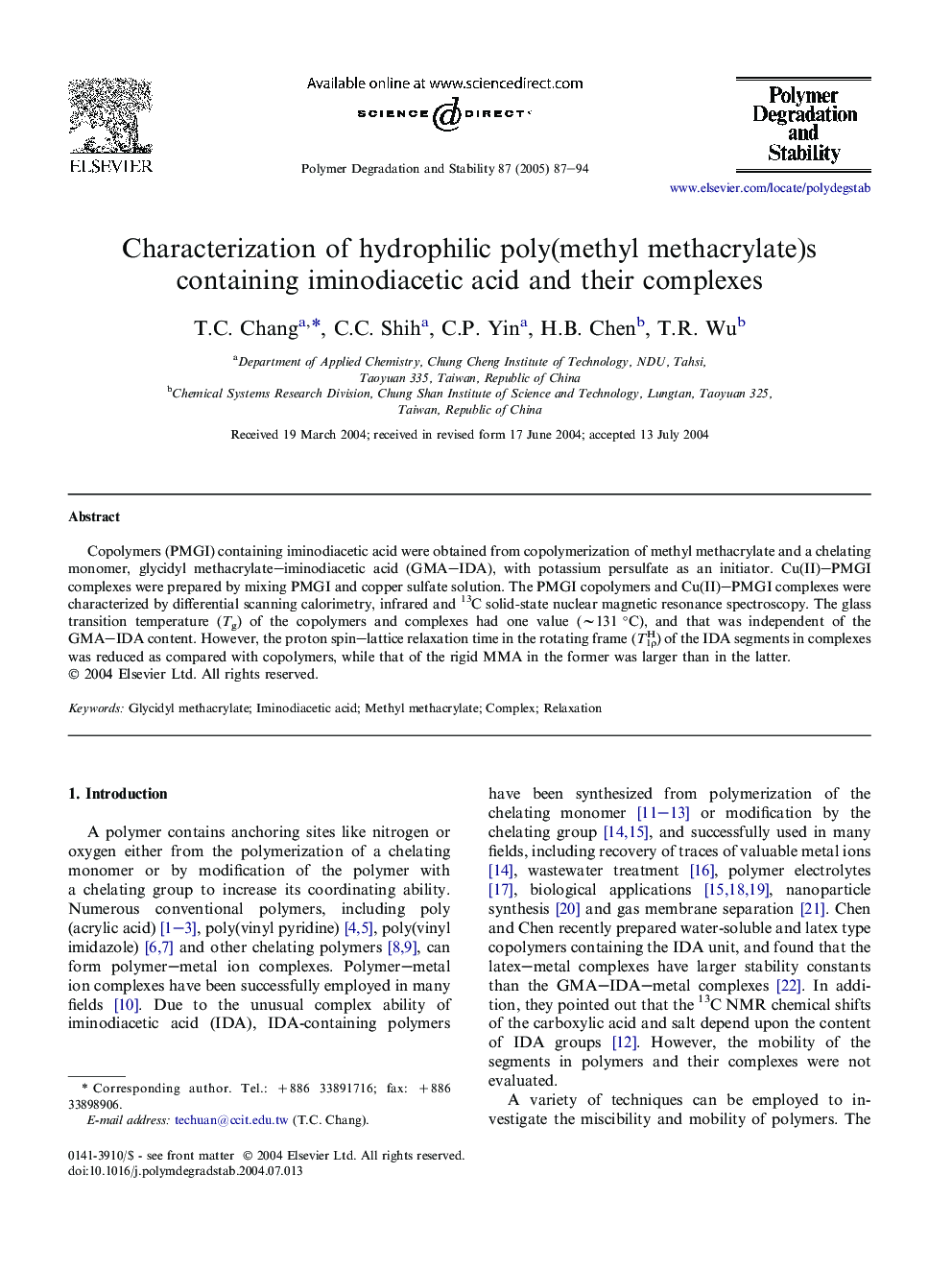 Characterization of hydrophilic poly(methyl methacrylate)s containing iminodiacetic acid and their complexes