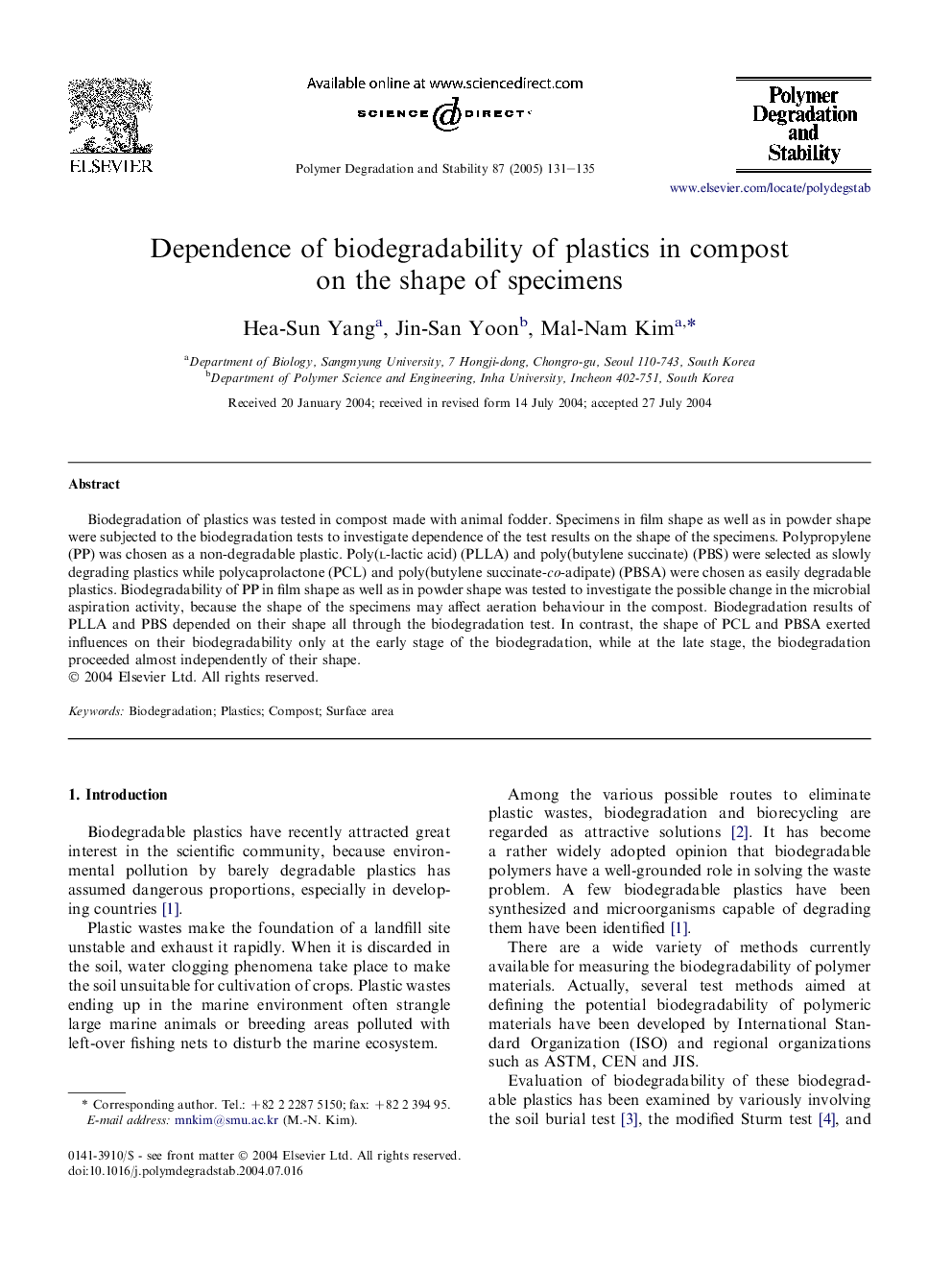 Dependence of biodegradability of plastics in compost on the shape of specimens