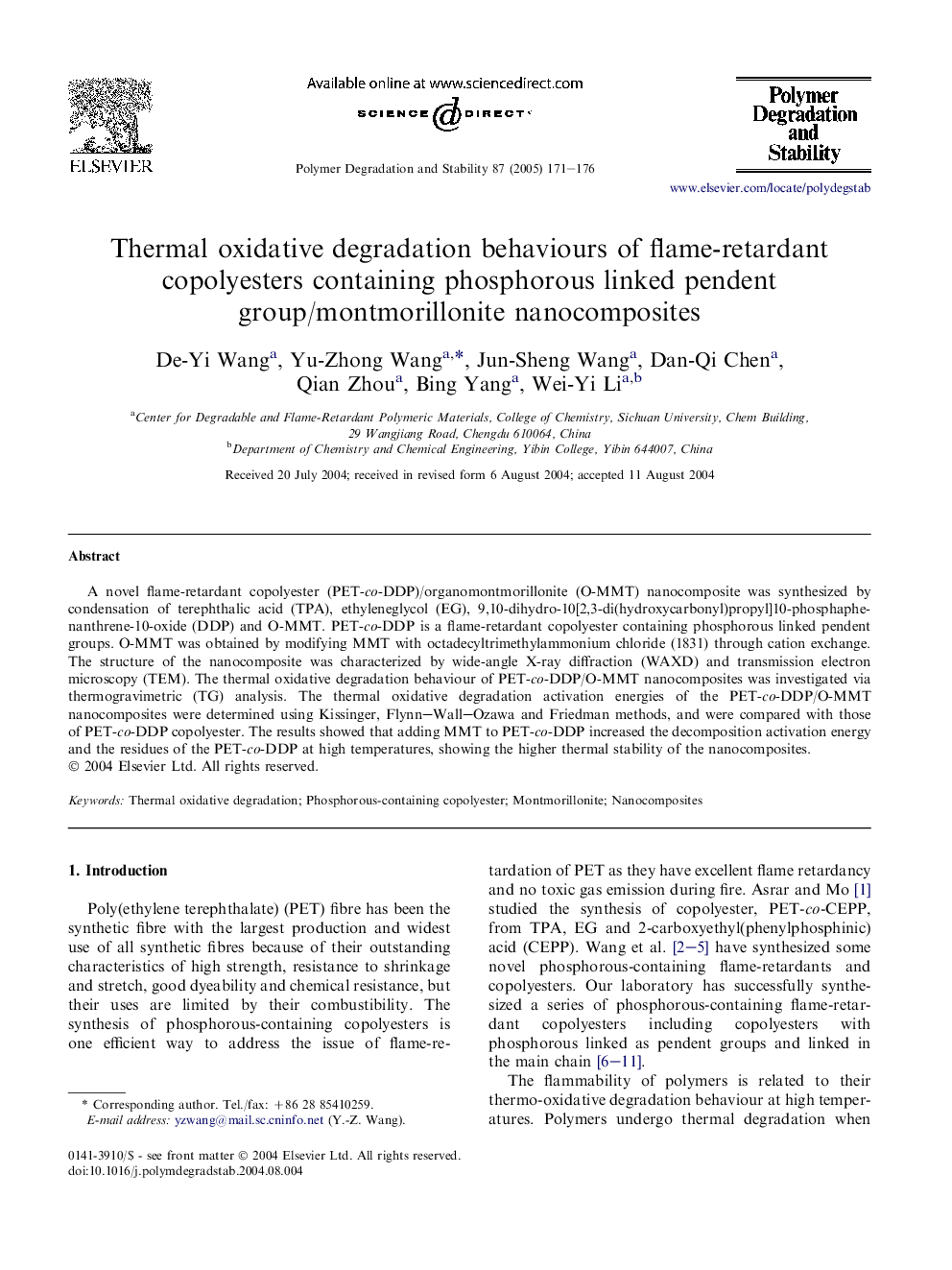 Thermal oxidative degradation behaviours of flame-retardant copolyesters containing phosphorous linked pendent group/montmorillonite nanocomposites