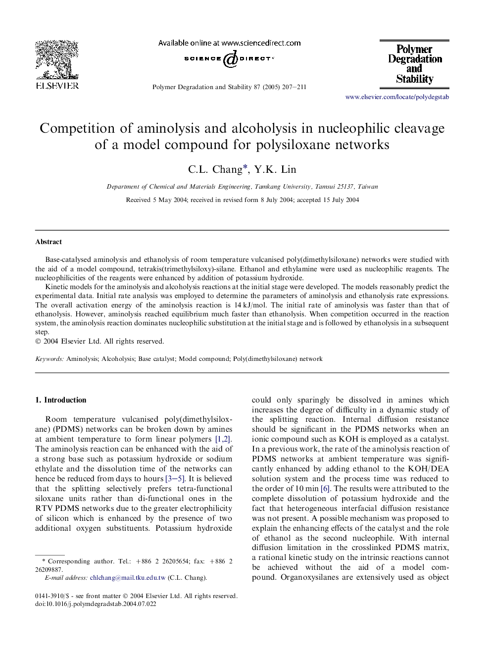 Competition of aminolysis and alcoholysis in nucleophilic cleavage of a model compound for polysiloxane networks