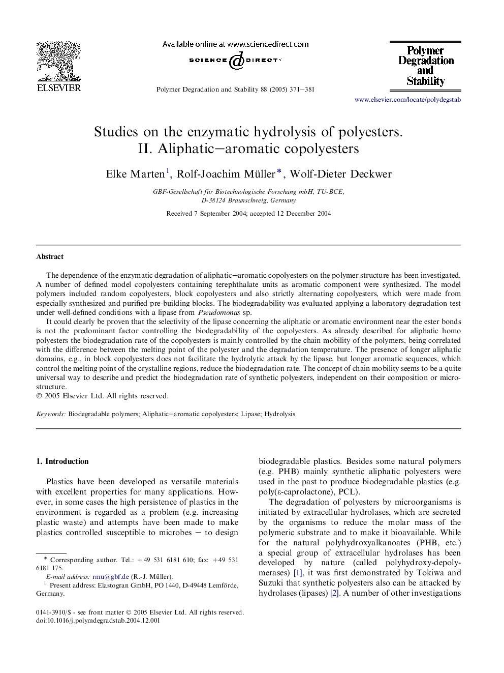 Studies on the enzymatic hydrolysis of polyesters. II. Aliphatic-aromatic copolyesters