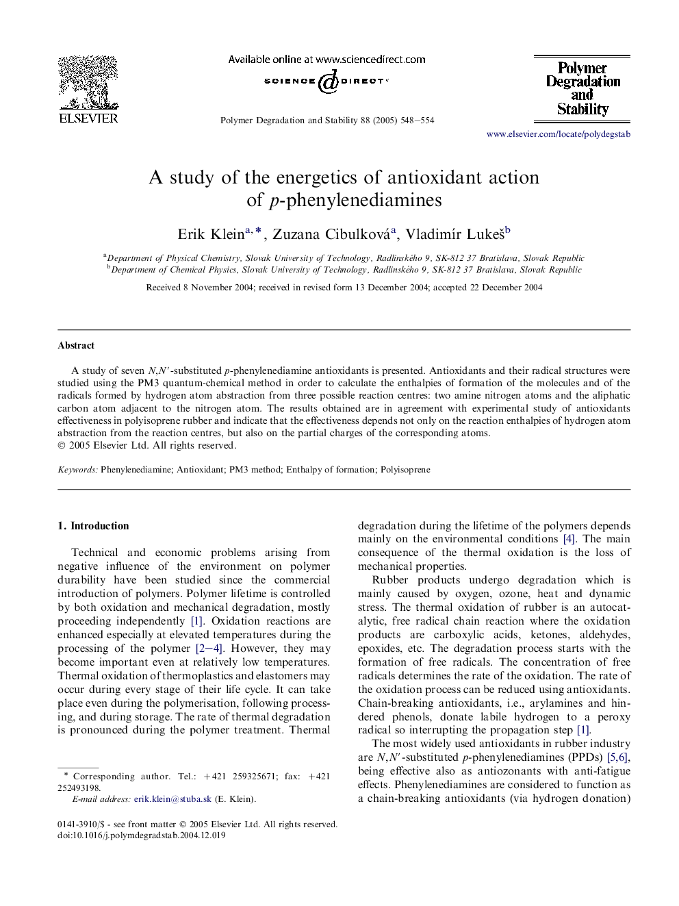 A study of the energetics of antioxidant action of p-phenylenediamines