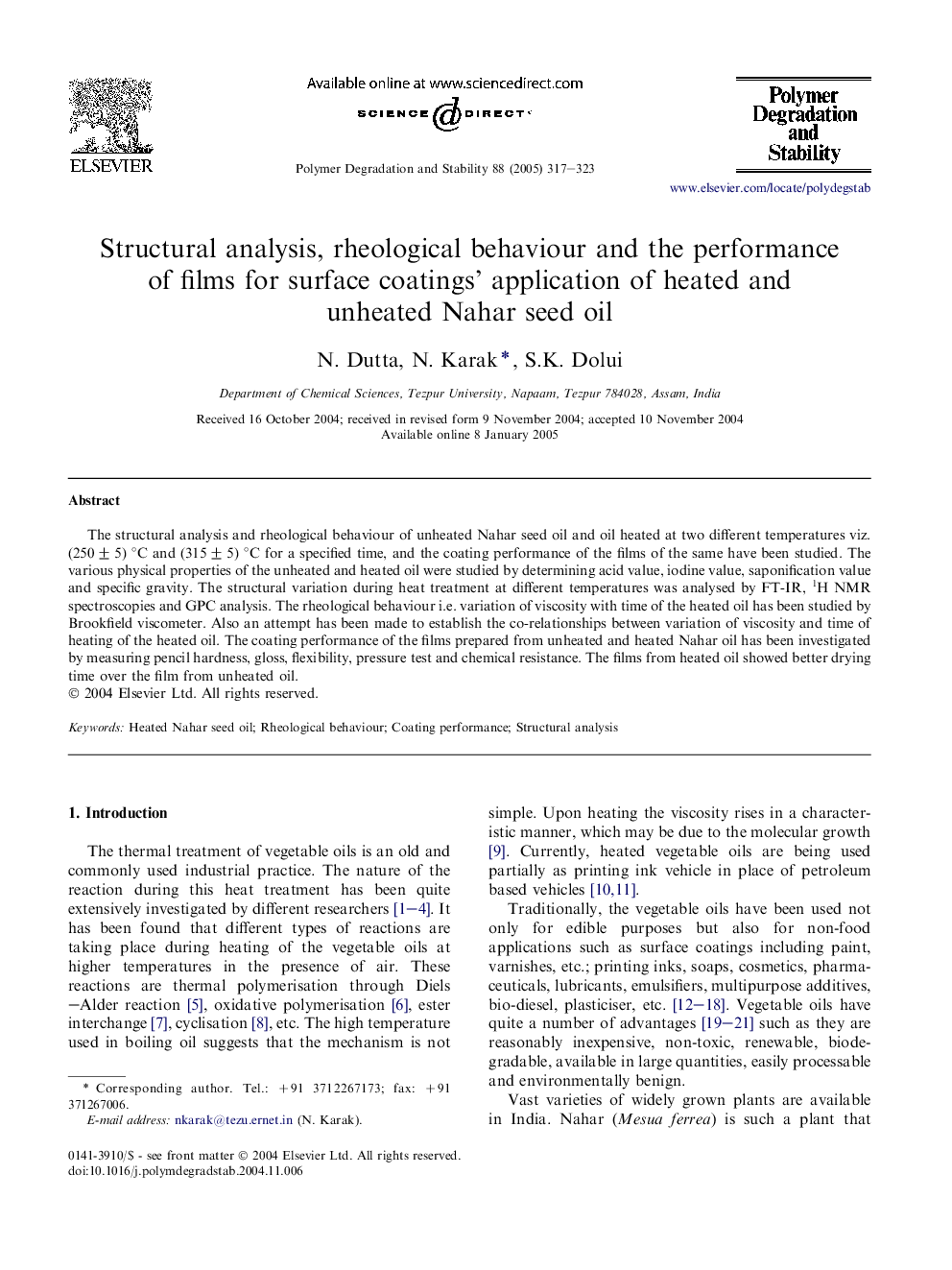 Structural analysis, rheological behaviour and the performance of films for surface coatings' application of heated and unheated Nahar seed oil