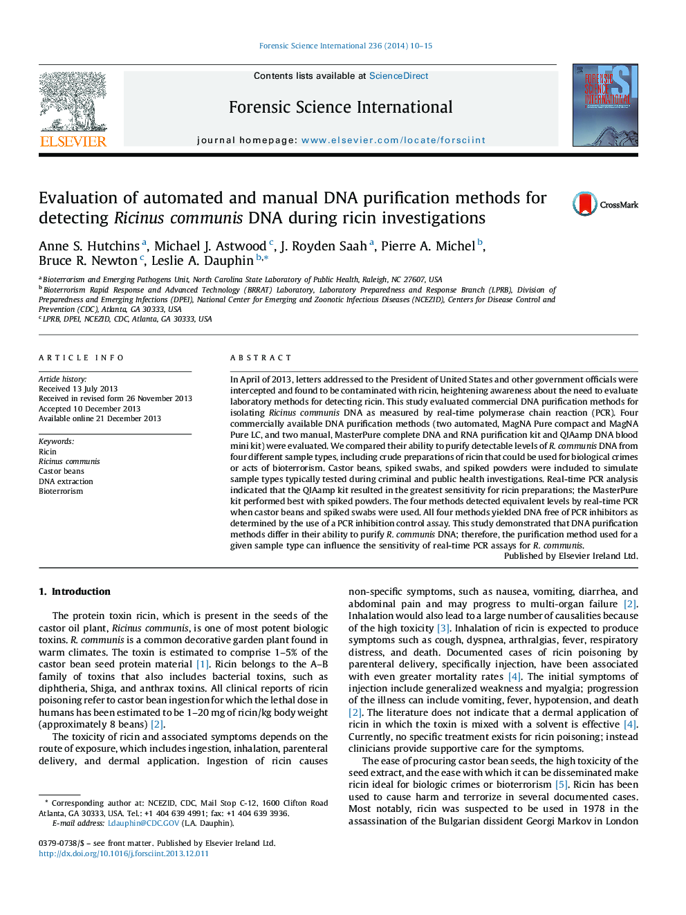 Evaluation of automated and manual DNA purification methods for detecting Ricinus communis DNA during ricin investigations