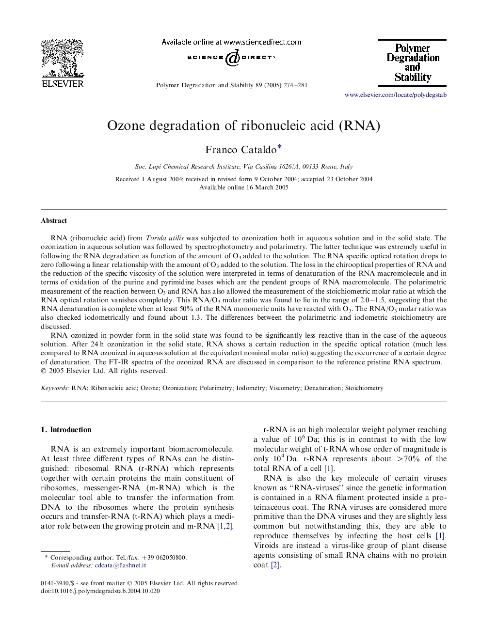 Ozone degradation of ribonucleic acid (RNA)