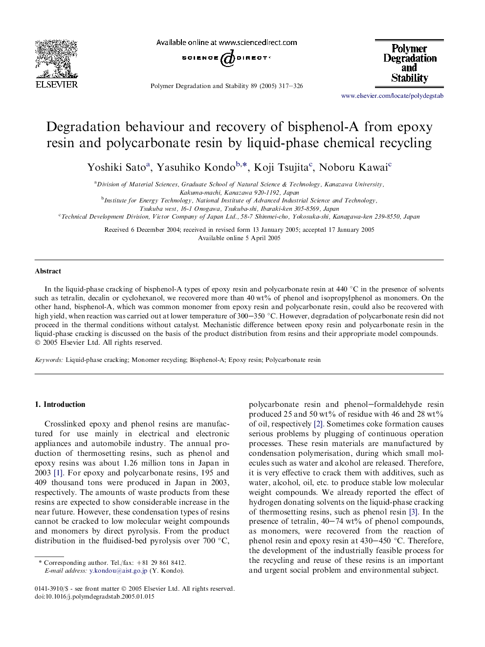 Degradation behaviour and recovery of bisphenol-A from epoxy resin and polycarbonate resin by liquid-phase chemical recycling