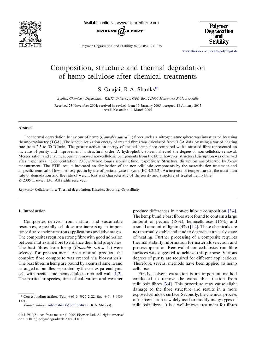 Composition, structure and thermal degradation of hemp cellulose after chemical treatments