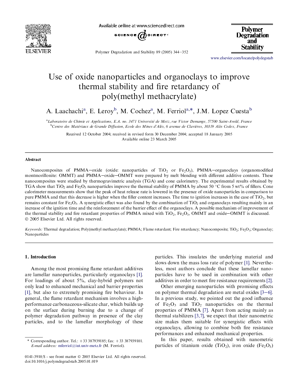 Use of oxide nanoparticles and organoclays to improve thermal stability and fire retardancy of poly(methyl methacrylate)