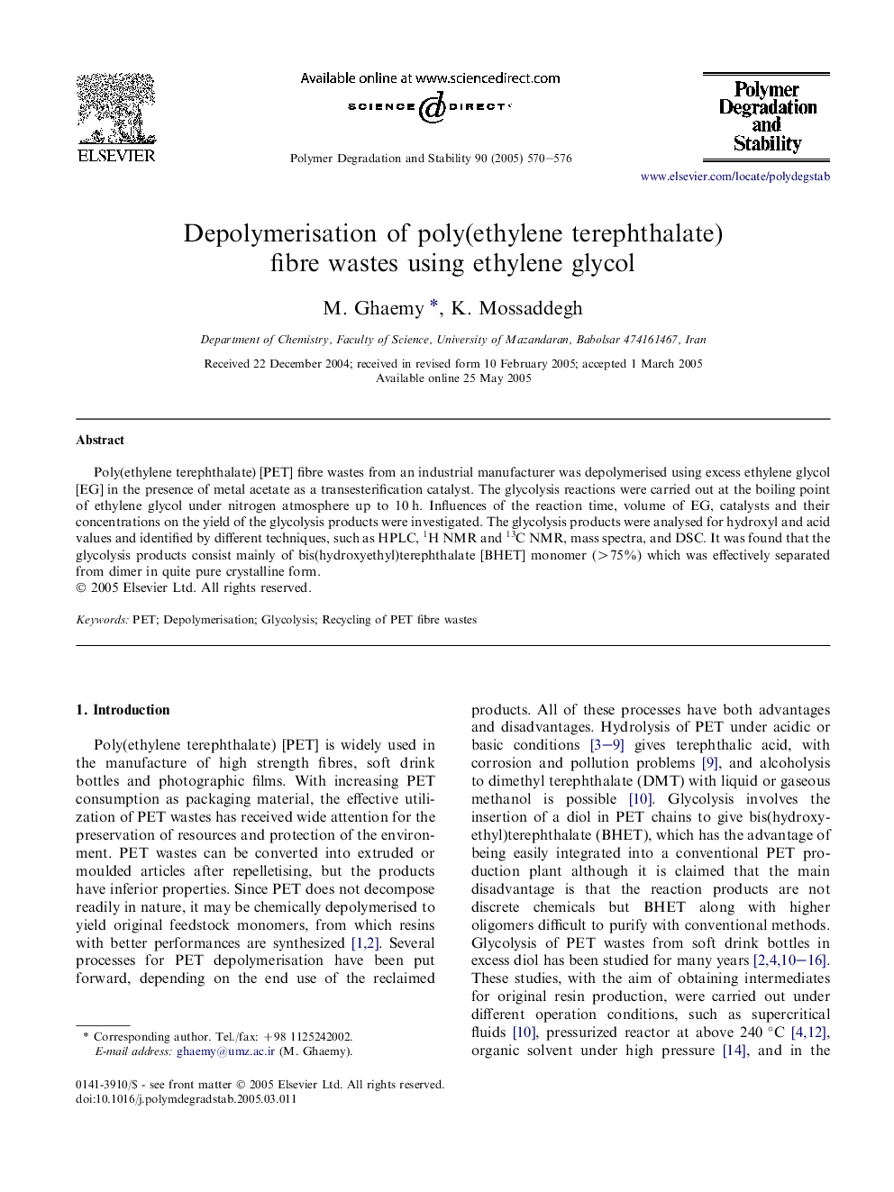 Depolymerisation of poly(ethylene terephthalate) fibre wastes using ethylene glycol