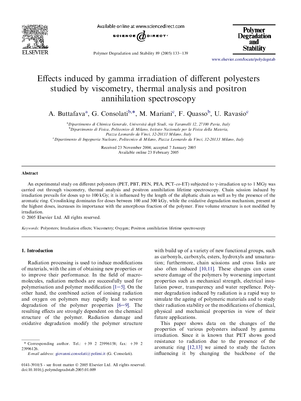 Effects induced by gamma irradiation of different polyesters studied by viscometry, thermal analysis and positron annihilation spectroscopy