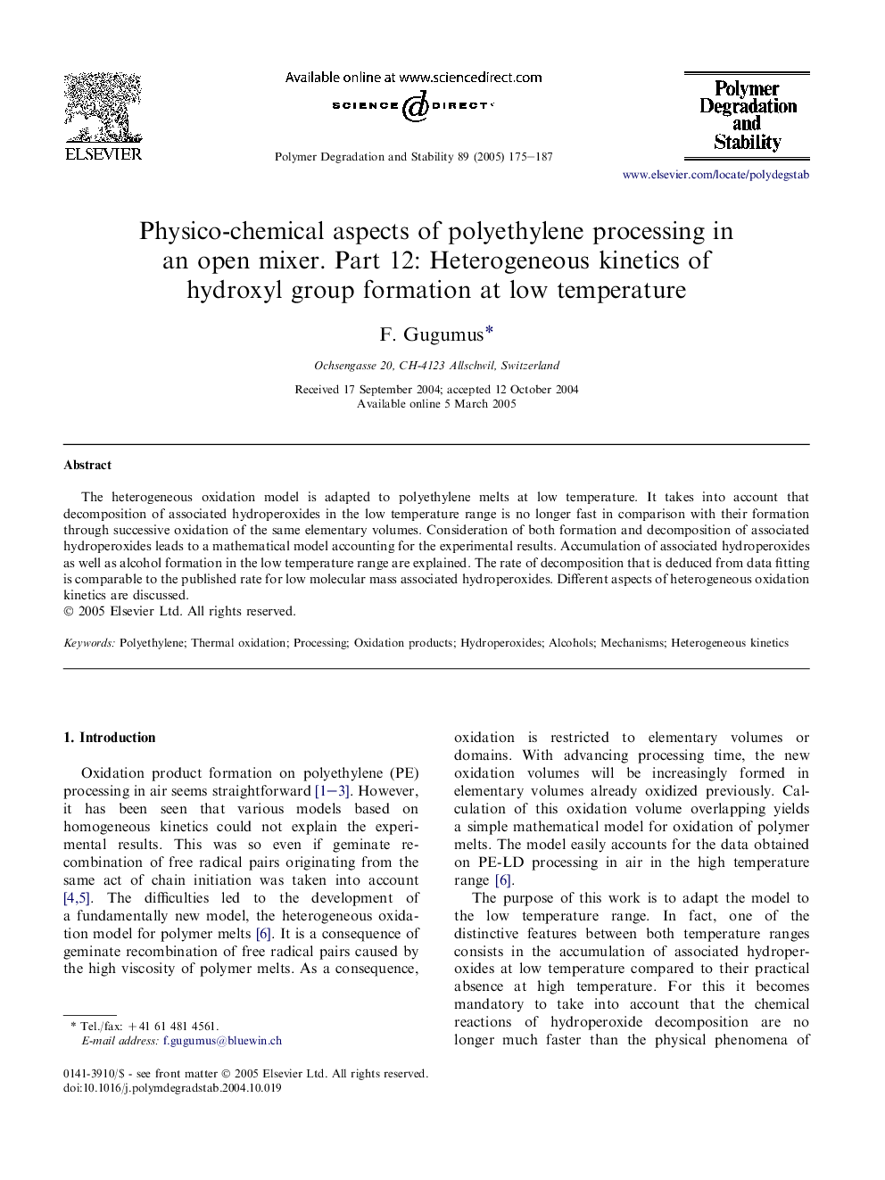 Physico-chemical aspects of polyethylene processing in an open mixer. Part 12: Heterogeneous kinetics of hydroxyl group formation at low temperature