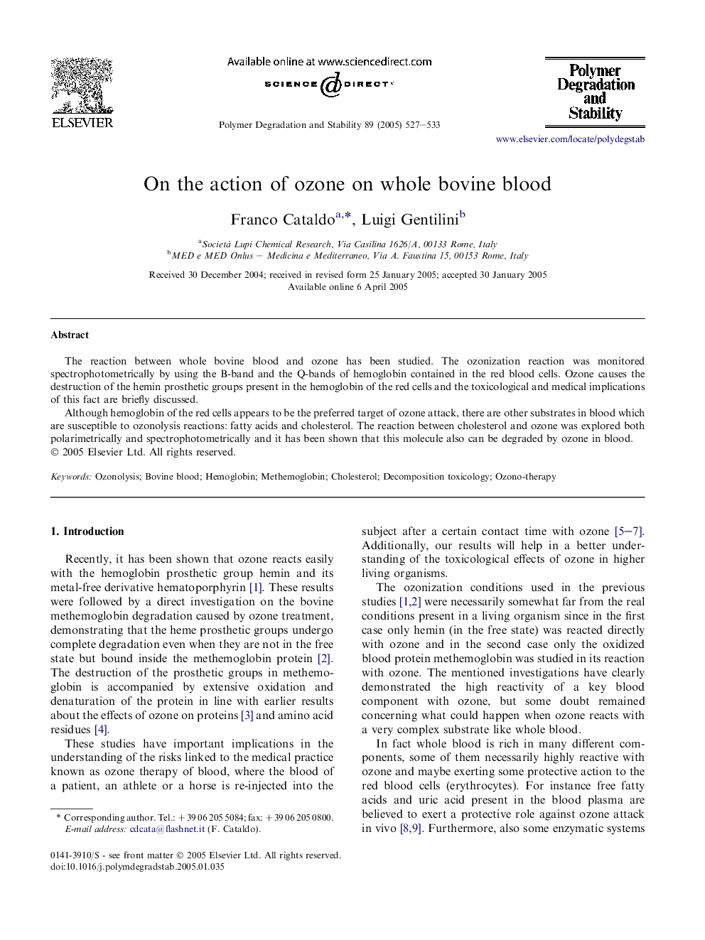 On the action of ozone on whole bovine blood