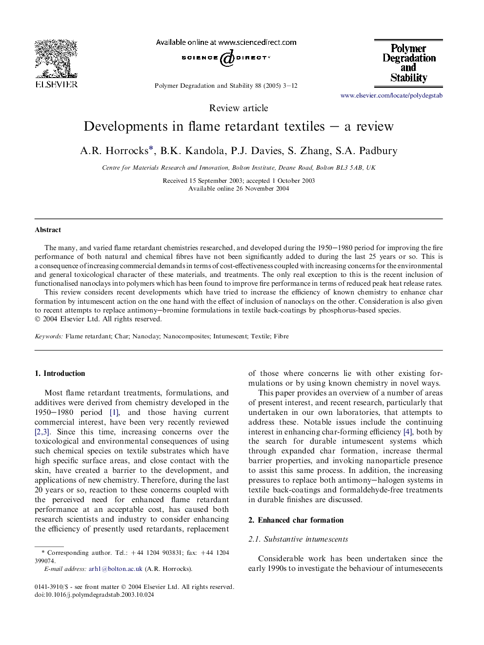 Developments in flame retardant textiles - a review