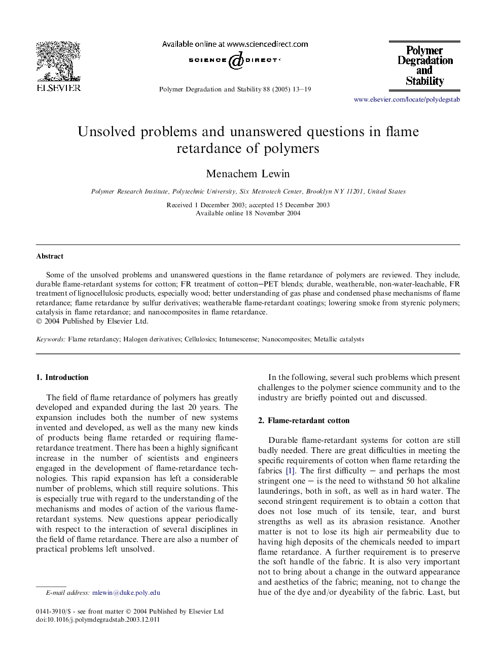 Unsolved problems and unanswered questions in flame retardance of polymers