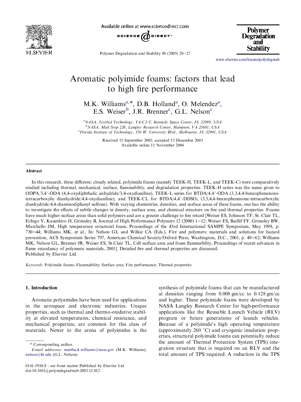 Aromatic polyimide foams: factors that lead to high fire performance