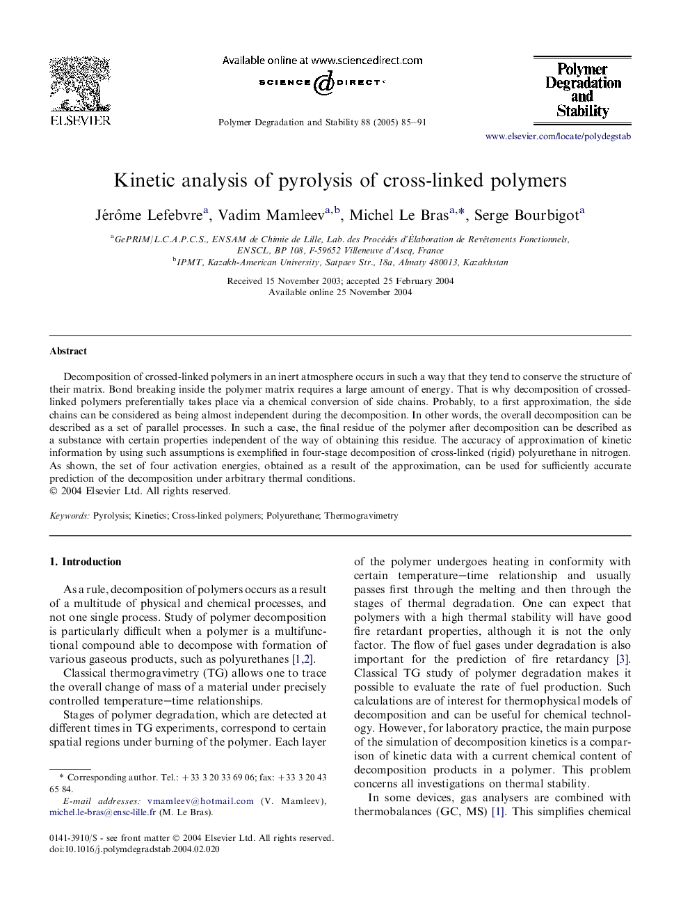 Kinetic analysis of pyrolysis of cross-linked polymers