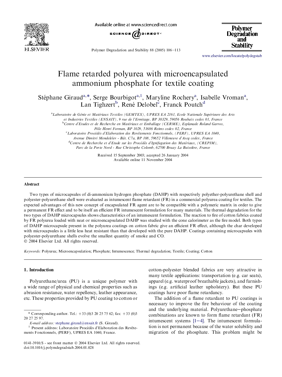 Flame retarded polyurea with microencapsulated ammonium phosphate for textile coating