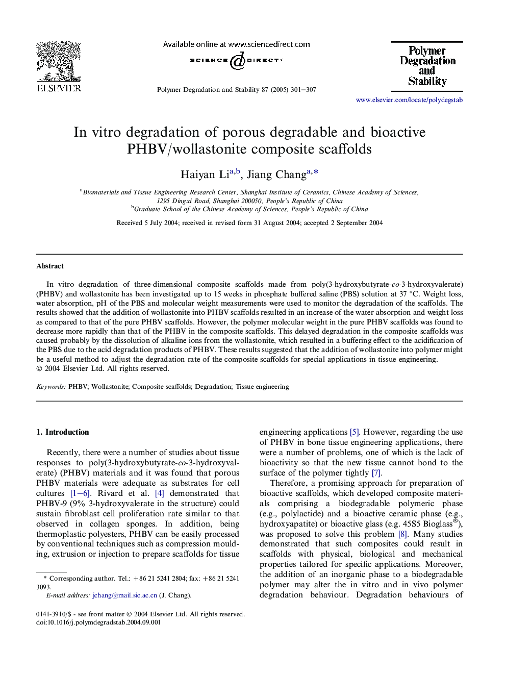 In vitro degradation of porous degradable and bioactive PHBV/wollastonite composite scaffolds