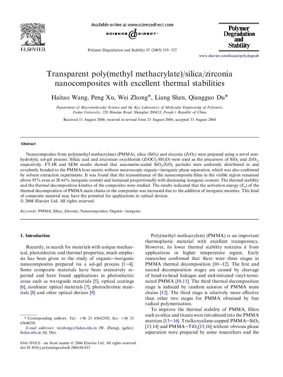 Transparent poly(methyl methacrylate)/silica/zirconia nanocomposites with excellent thermal stabilities