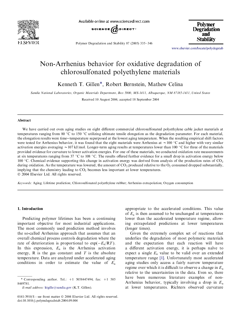 Non-Arrhenius behavior for oxidative degradation of chlorosulfonated polyethylene materials