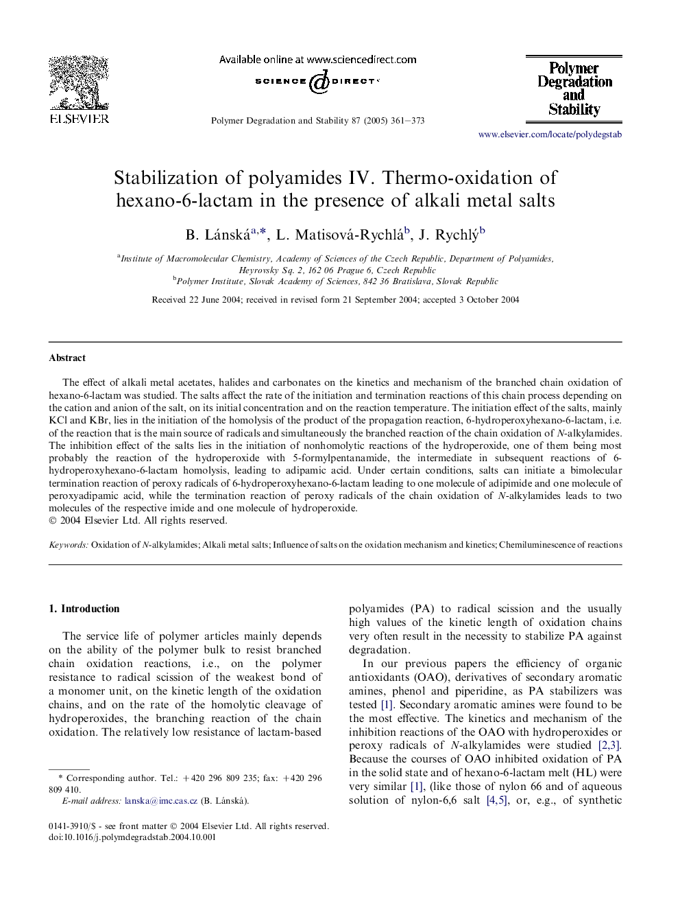 Stabilization of polyamides IV. Thermo-oxidation of hexano-6-lactam in the presence of alkali metal salts