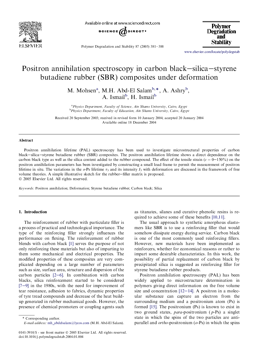 Positron annihilation spectroscopy in carbon black-silica-styrene butadiene rubber (SBR) composites under deformation