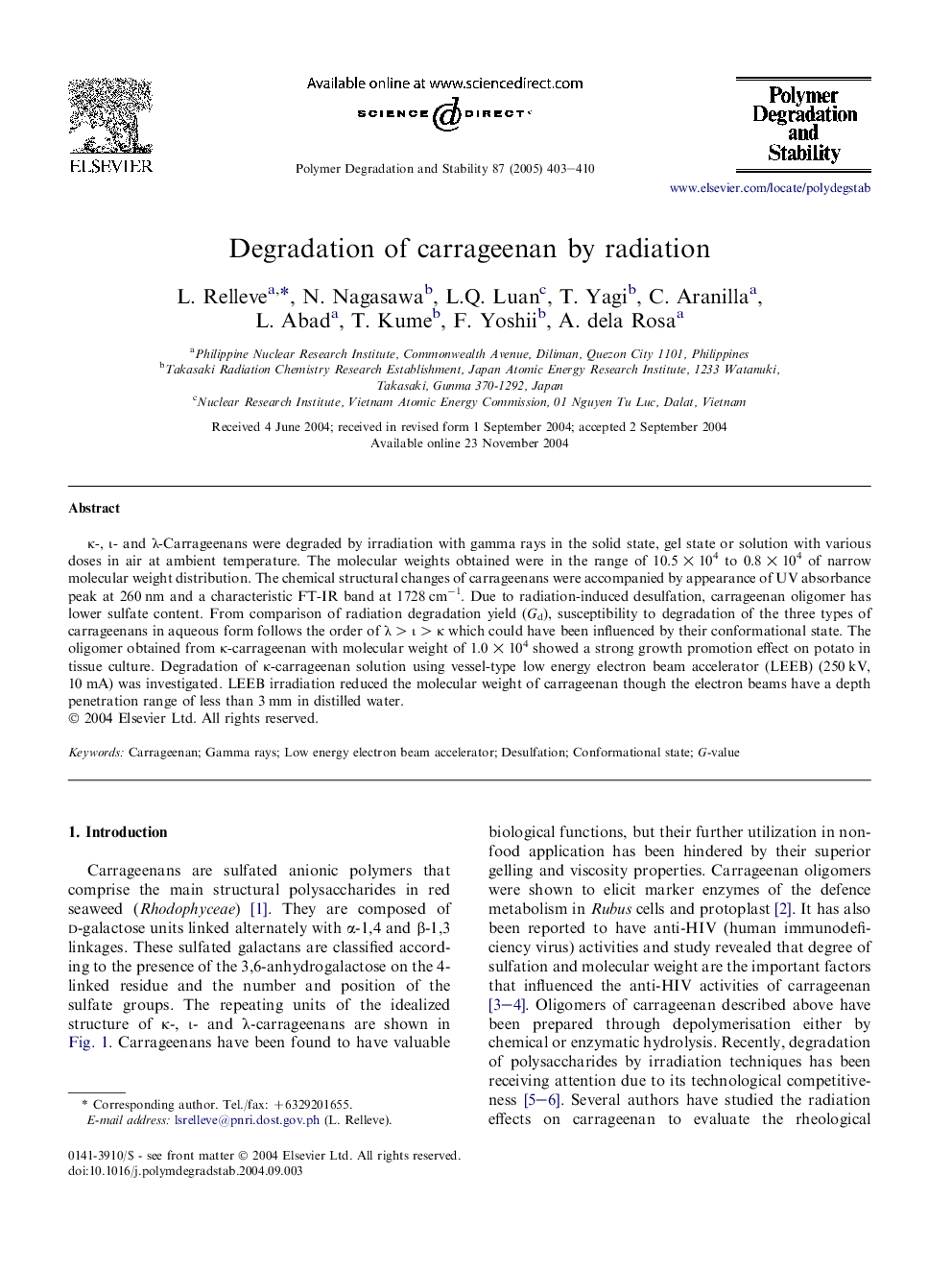 Degradation of carrageenan by radiation