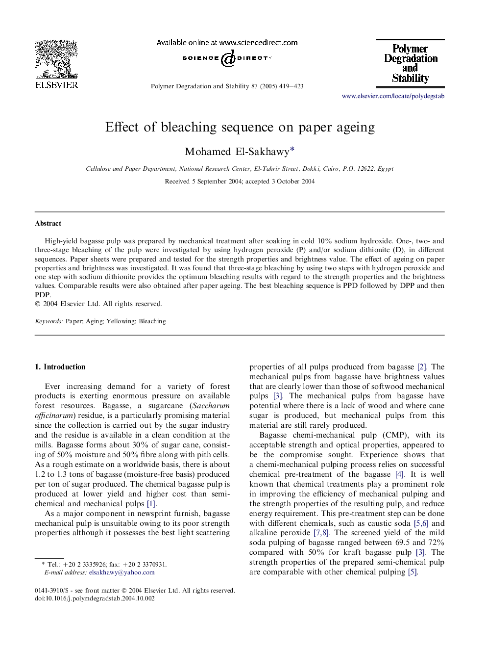 Effect of bleaching sequence on paper ageing