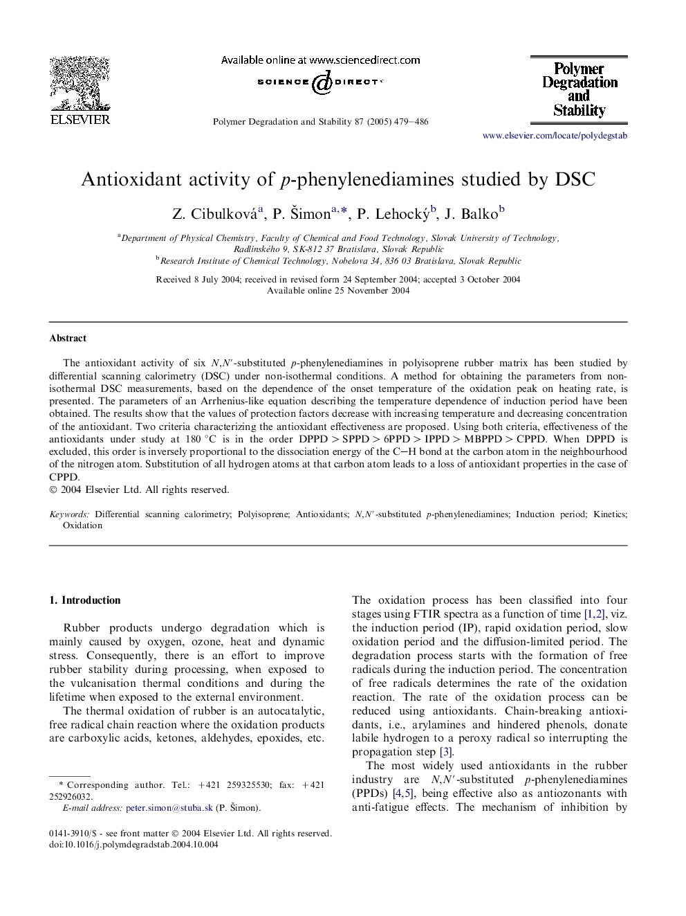 Antioxidant activity of p-phenylenediamines studied by DSC